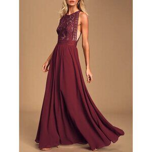 Lulus Forever and Always Burgundy Lace Maxi Dress S High Neck